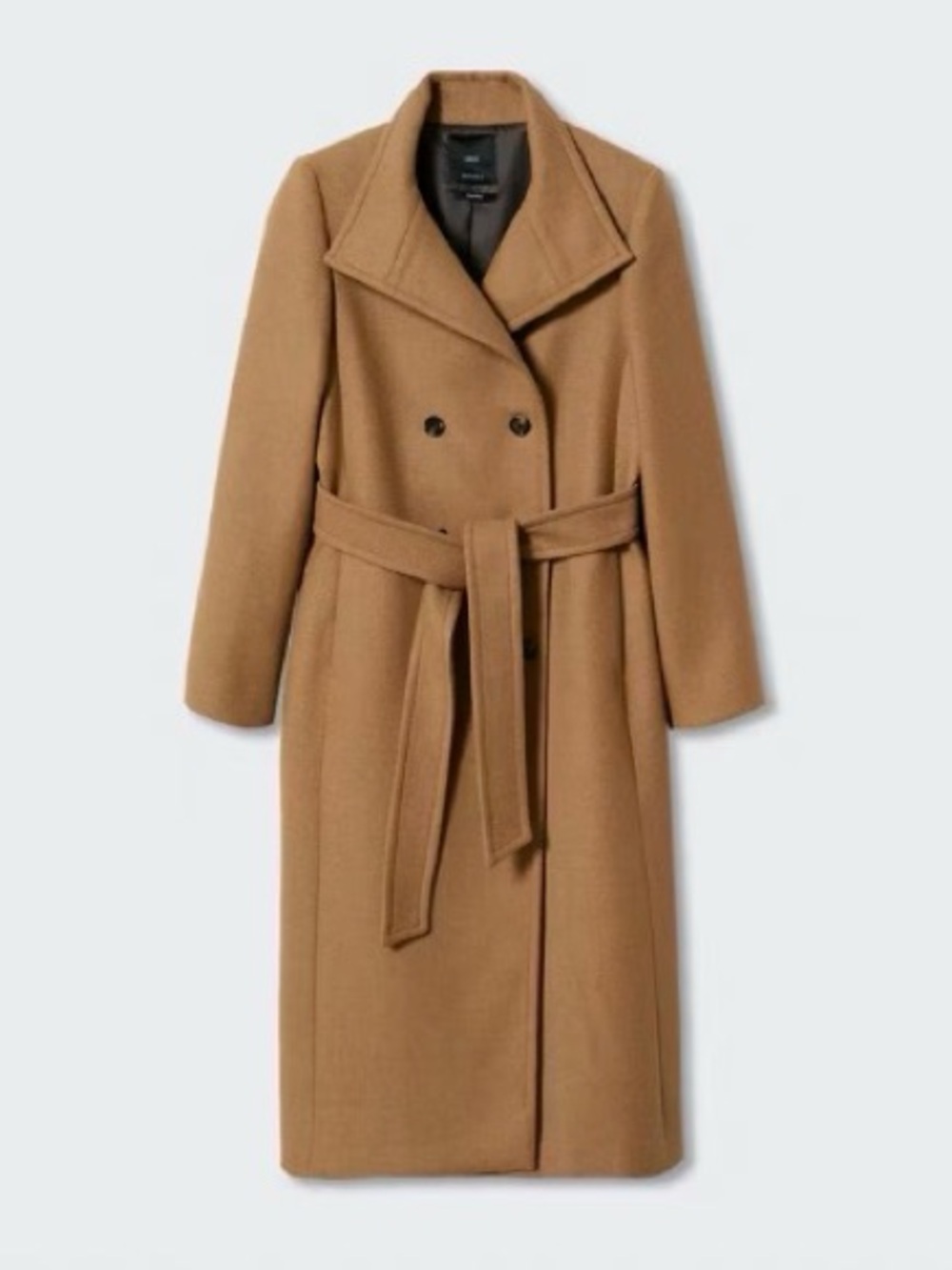 Mango Camel Italian Wool Belted Long Coat in Camel, Medium